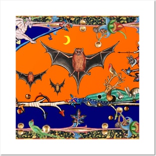 WEIRD MEDIEVAL BESTIARY,FLYING BATS IN NIGHT BLUE ORANGE ,UNICORN,KILLER RABBIT Posters and Art